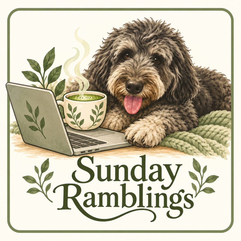 Sunday Ramblings illustration of a shaggy dog resting beside a laptop and a cup of matcha tea